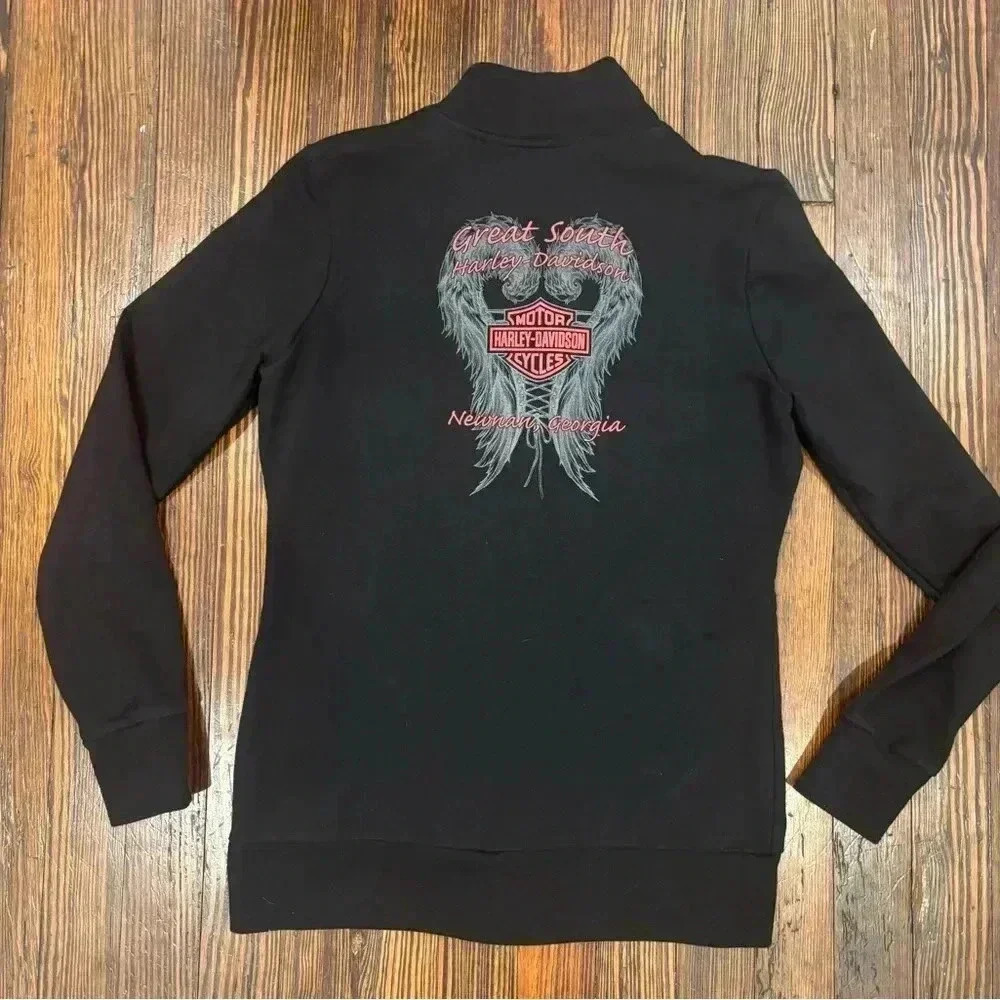 Harley Davidson Womens Black Pink Logo Zip Up Sweatshirt Sz M Angel Wings Corset - Picture 2 of 6